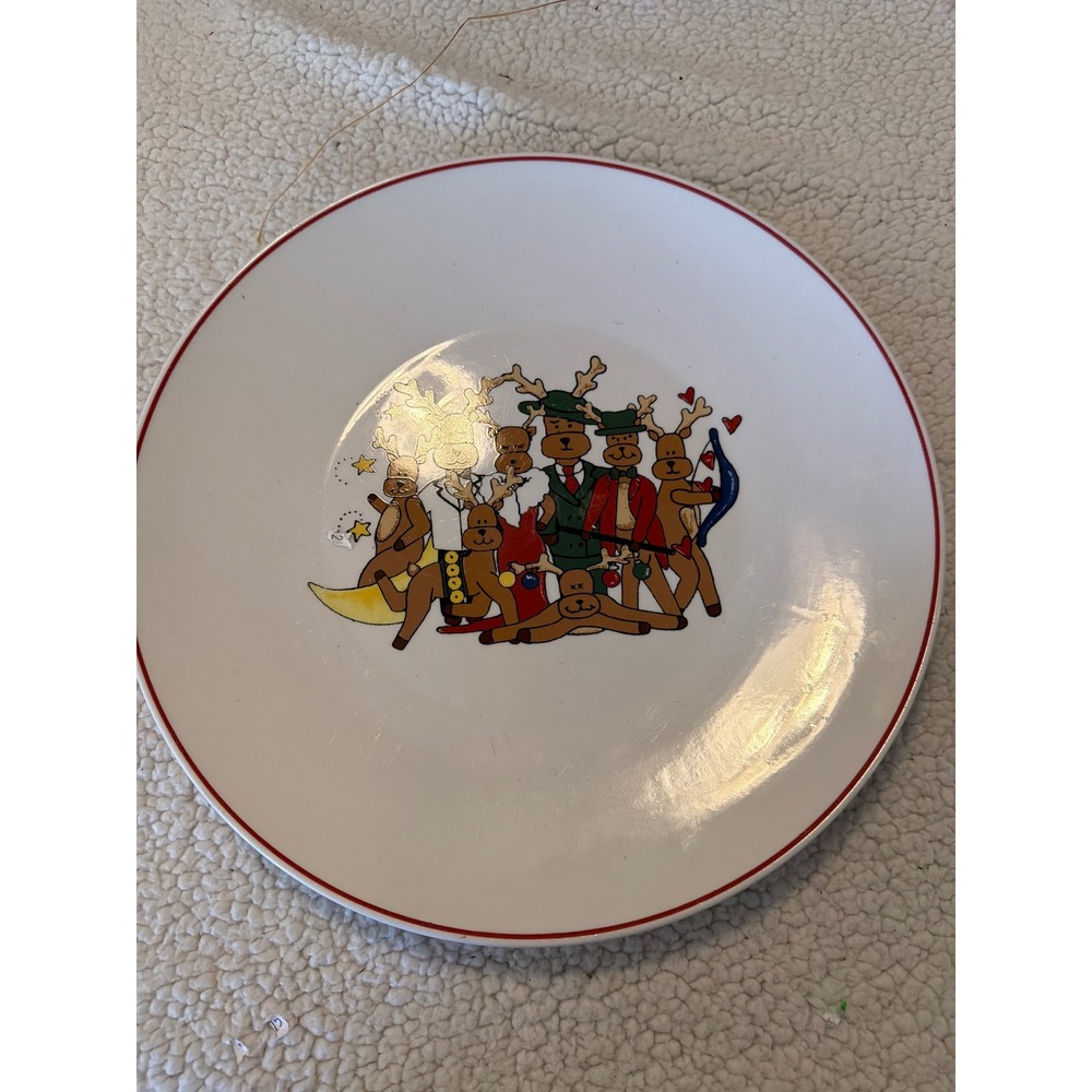ABC Distributing Christmas Reindeer Dinner Plate White Red Rim 10.5 Inch Holiday